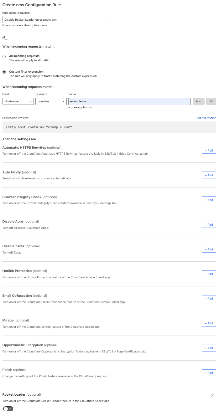 Configuration rule matching the &lsquo;Rocket Loader > Off&rsquo; setting of the example Page Rule